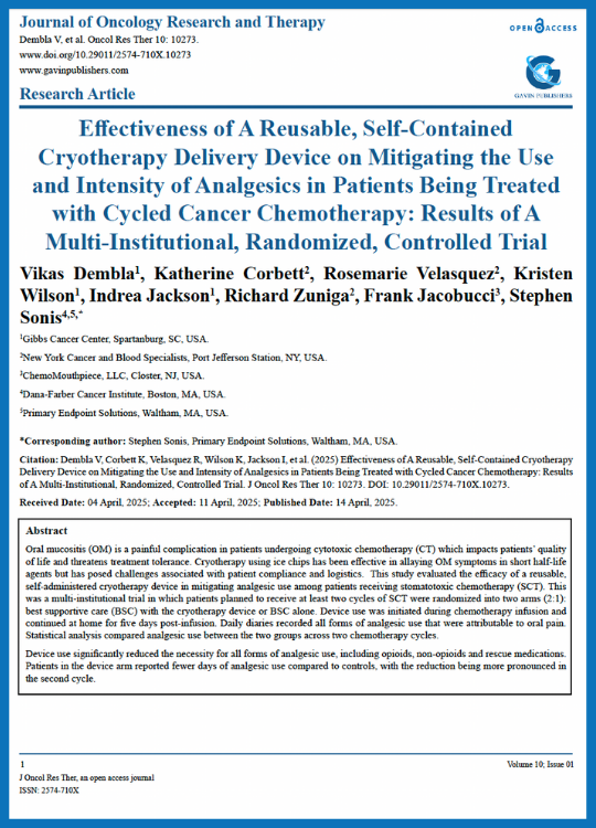 Journal of Oncology Research and Therapy article titled: Effectiveness of A Reusable, Self-Contained Cryotherapy Delivery Device on Mitigating the Use and Intensity of Analgesics in Patients Being Treated with Cycled Cancer Chemotherapy: Results of A Multi-Institutional, Randomized, Controlled Trial