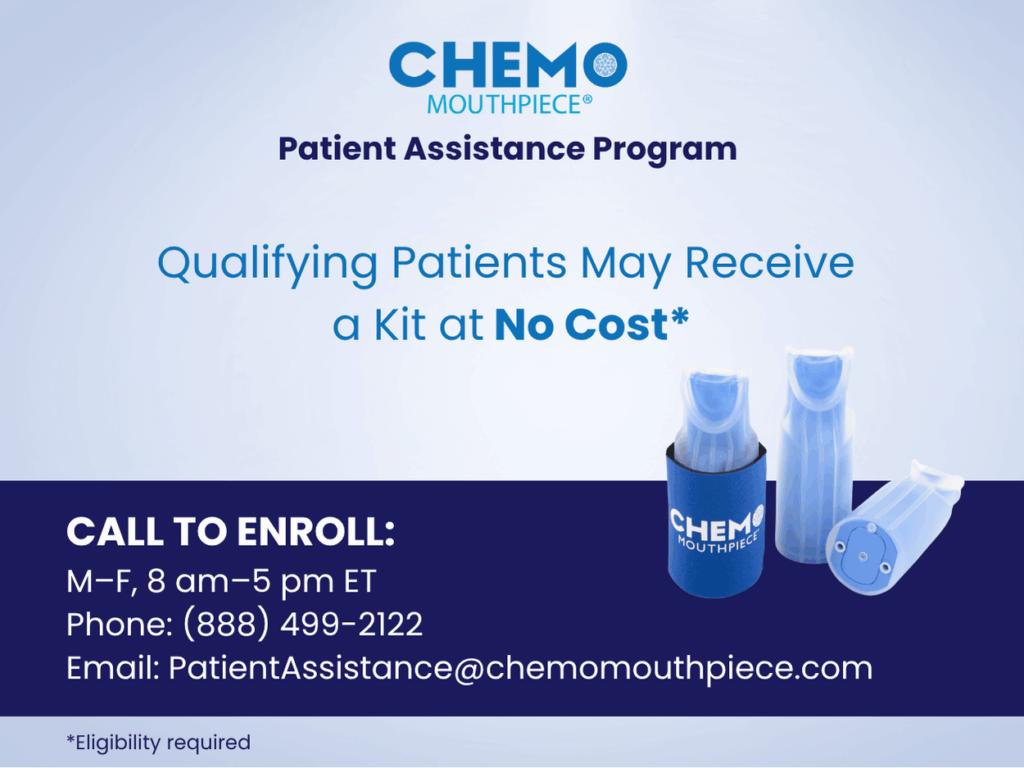 Text image with details of the Chemo Mouthpiece Patient Assistance Program. Three blue chemo mouthpiece devices and company logo. 