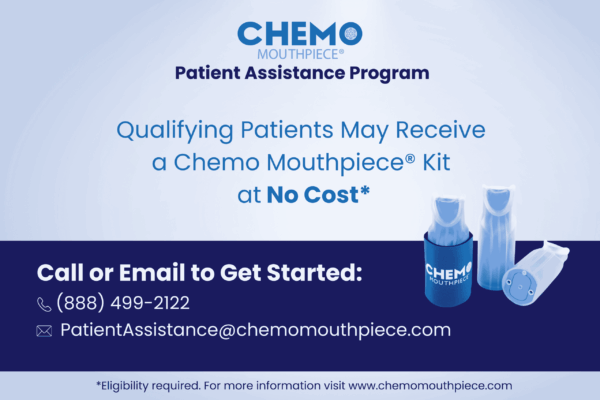Text image with details of the Chemo Mouthpiece Patient Assistance Program. Three blue chemo mouthpiece devices and company logo.
