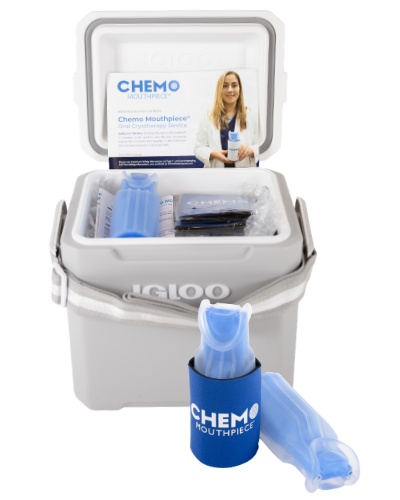 the Chemo Mouthpiece patient kit and two devices in a grey cooler