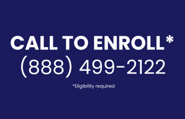 Phone number and white text on a dark blue background. Call 888-499-2122 to enroll in the Chemo Mouthpiece patient assistance program. Eligibility is required.